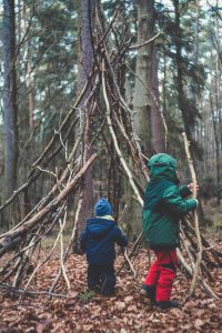 Kids building shelter in the woods