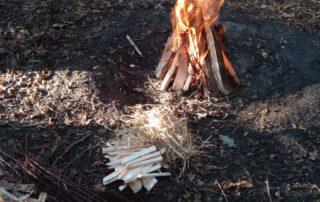 Fire made by Poppy using a bow drill